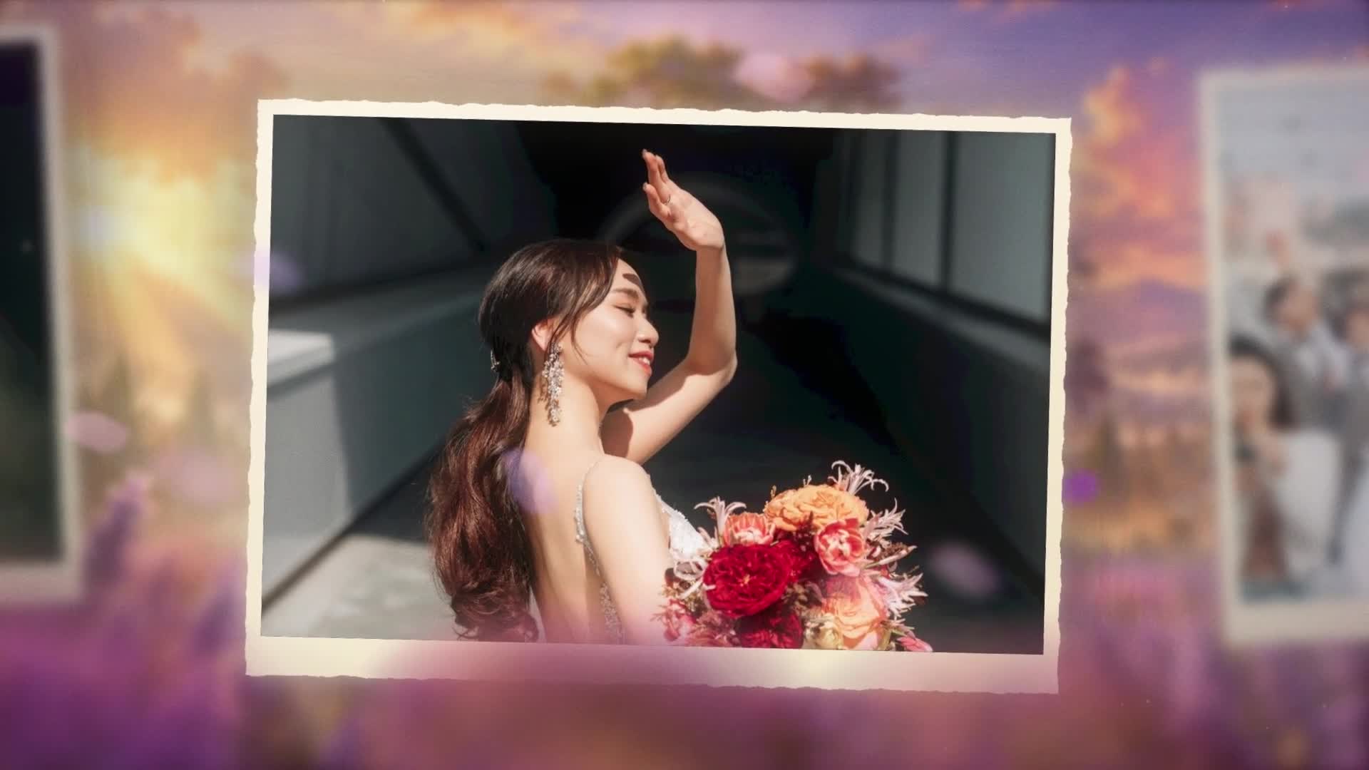 Actual Dear Ever Provence slideshow: a wedding photo on a floating print against a sunset background