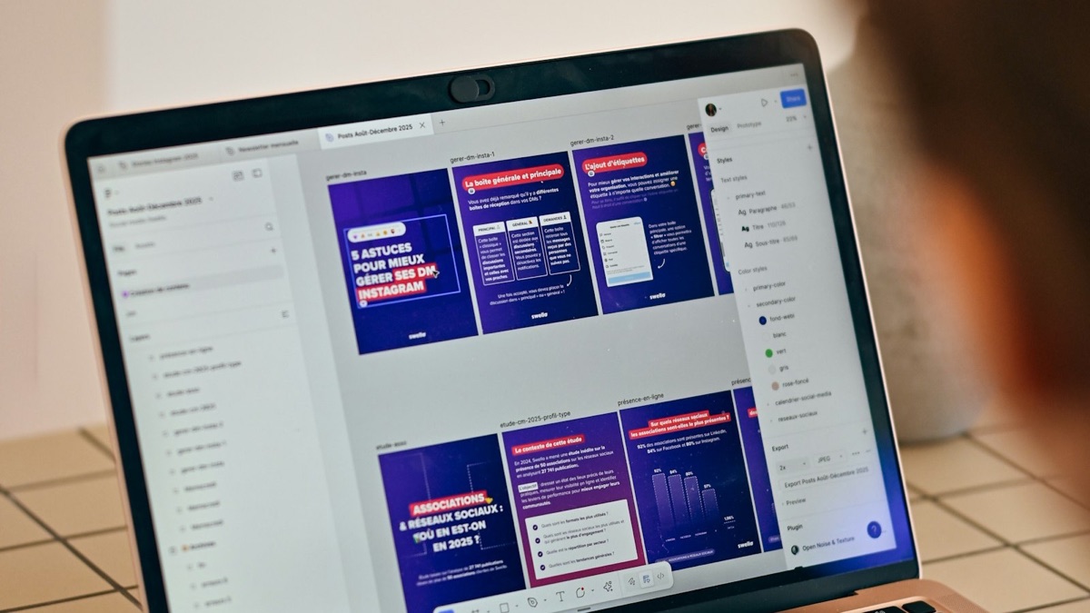 Scenario photo: arranging page layouts on a laptop; the screen shows an example design interface, not a Canva screenshot